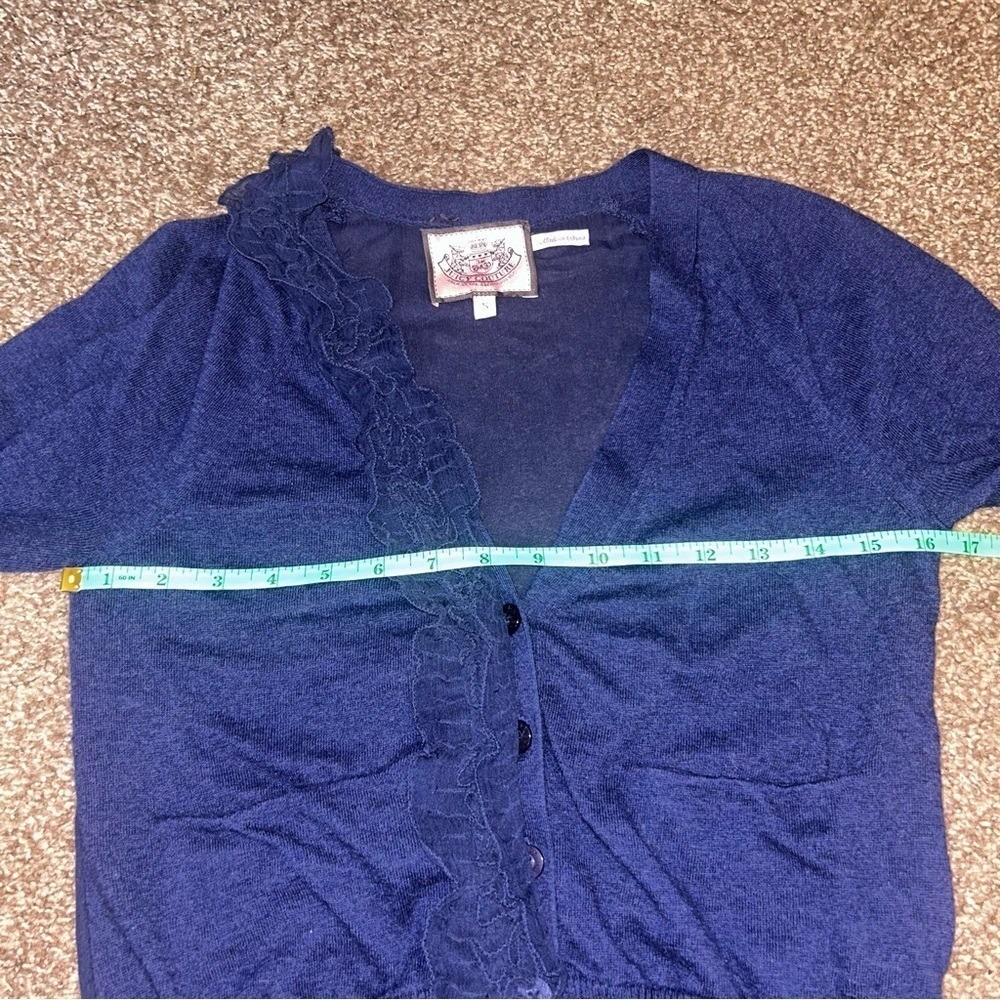 Juicy Couture Navy Blue Ruffle Lace Sheer Script Back Cardigan Sweater Womens S - Picture 5 of 6